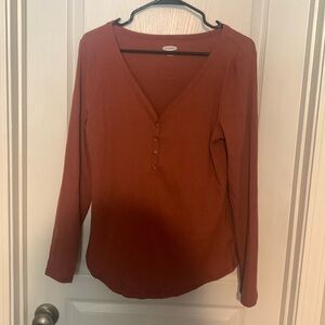 Large, halfway button up, casual burgundy top from Old Navy